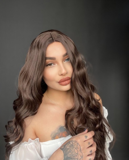 Harika Kumral Kahverengi Dalgalı Tül peruk