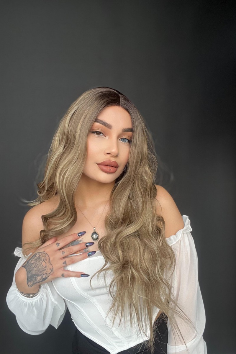 Soğuk Küllü Sarı Kumral Röfleli Tül peruk