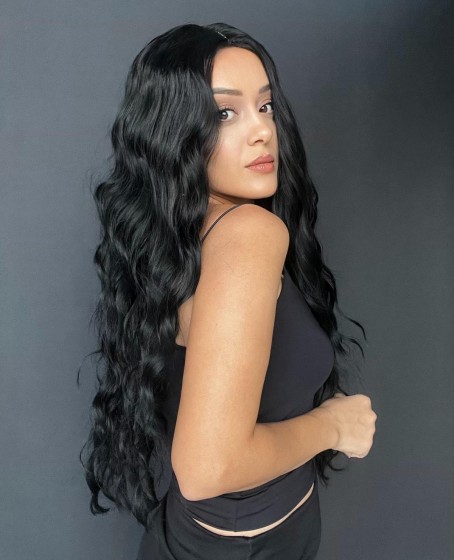 Uzun Dalgalı Gerçek Saç dokusunda Fiber sentetik Tül peruk syt08032