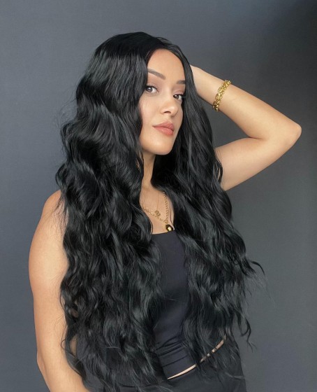 Uzun Dalgalı Gerçek Saç dokusunda Fiber sentetik Tül peruk syt08032