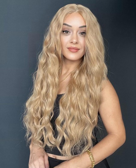 Uzun Dalgalı Gerçek Saç dokusunda Fiber sentetik Tül peruk syt08032