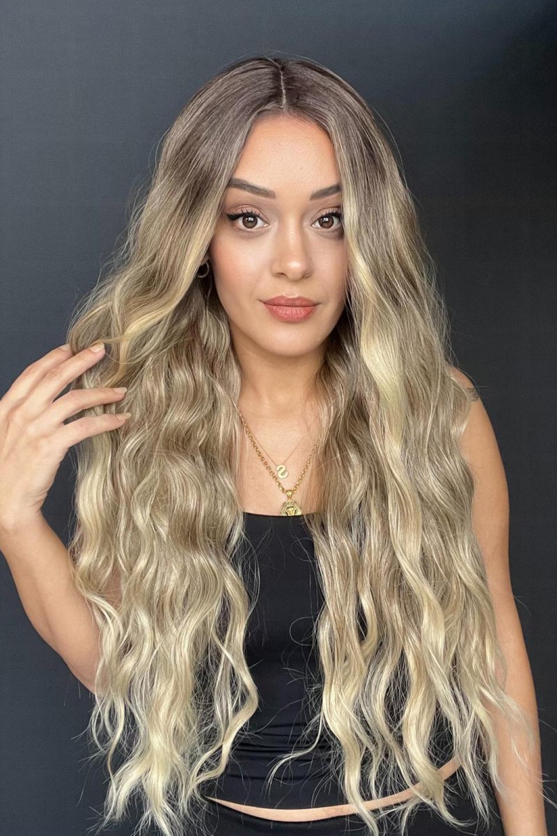 Uzun Dalgalı Gerçek Saç dokusunda Fiber sentetik Tül peruk syt08032