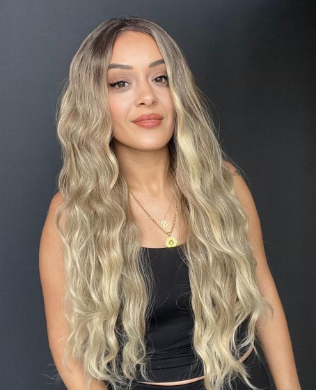 Uzun Dalgalı Gerçek Saç dokusunda Fiber sentetik Tül peruk syt08032