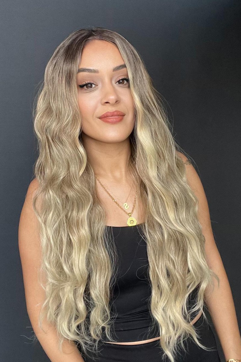 Uzun Dalgalı Gerçek Saç dokusunda Fiber sentetik Tül peruk syt08032