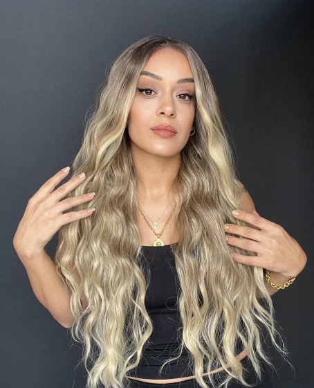 Uzun Dalgalı Gerçek Saç dokusunda Fiber sentetik Tül peruk syt08032