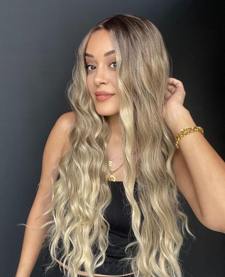 Uzun Dalgalı Gerçek Saç dokusunda Fiber sentetik Tül peruk syt08032