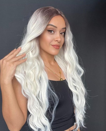 Uzun Dalgalı Gerçek Saç dokusunda Fiber sentetik Tül peruk syt08032