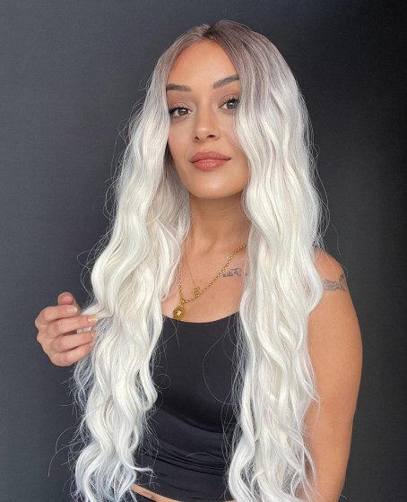 Uzun Dalgalı Gerçek Saç dokusunda Fiber sentetik Tül peruk syt08032