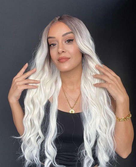 Uzun Dalgalı Gerçek Saç dokusunda Fiber sentetik Tül peruk syt08032