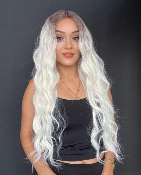 Uzun Dalgalı Gerçek Saç dokusunda Fiber sentetik Tül peruk syt08032