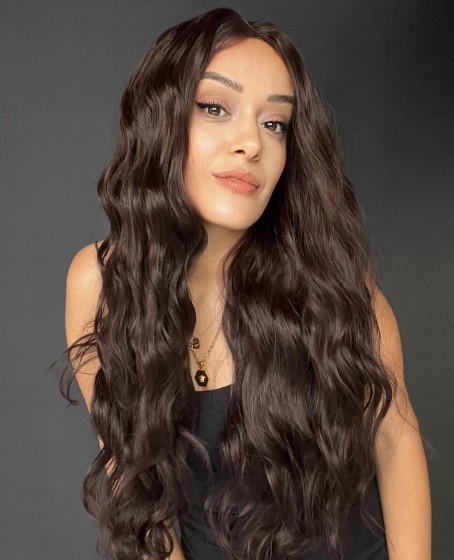 Uzun Dalgalı Gerçek Saç dokusunda Fiber sentetik Tül peruk syt08032