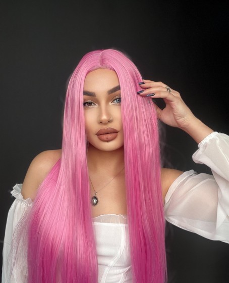 Pembe uzun tül peruk