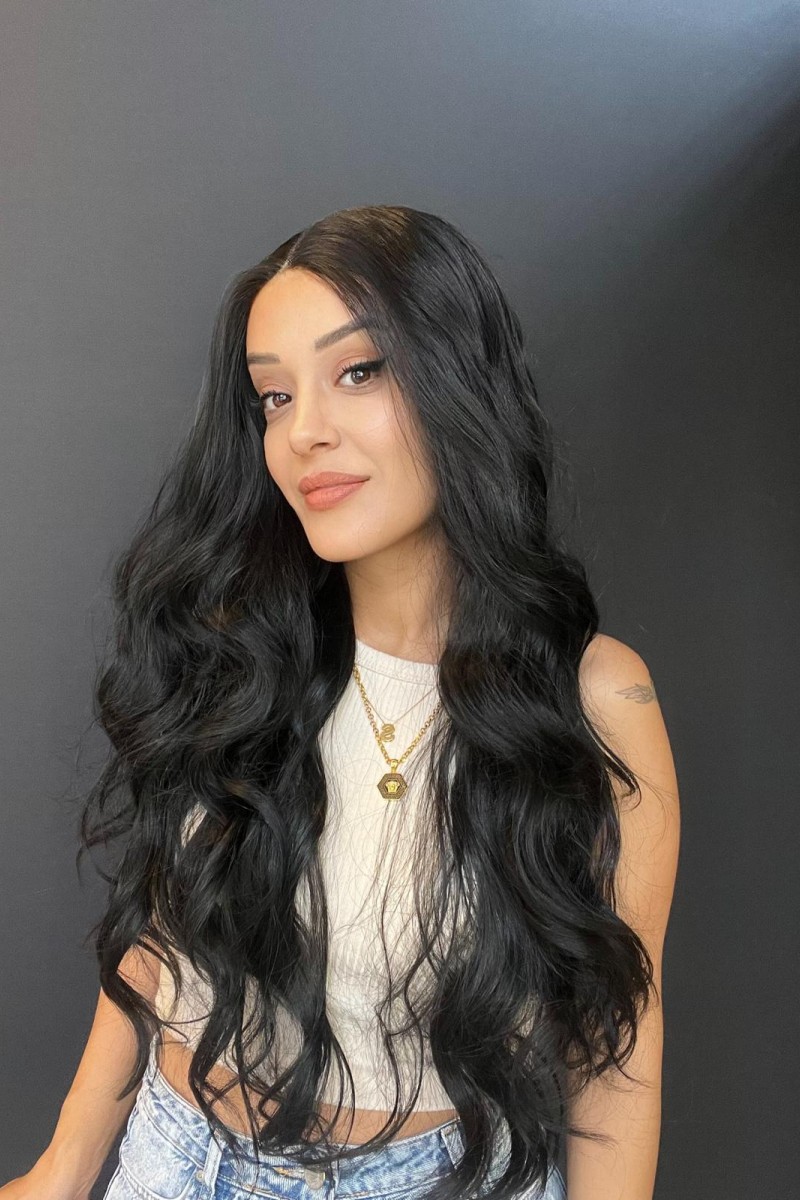 Geniş Su dalgalı Tül peruk Siyah