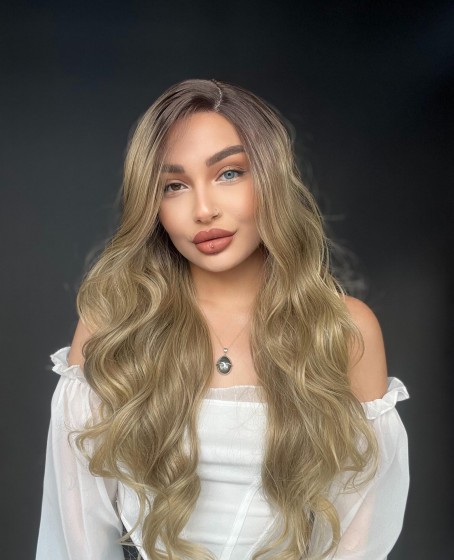 Koyu Kumral ışıltılı Tül peruk Doğal görünümlü Fiber peruk yandan ayrımlı model