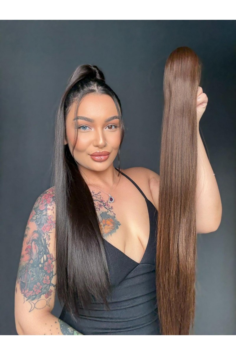 70cm Postiş Tokalı Düz At Kuyruğu - Kahve Karamel