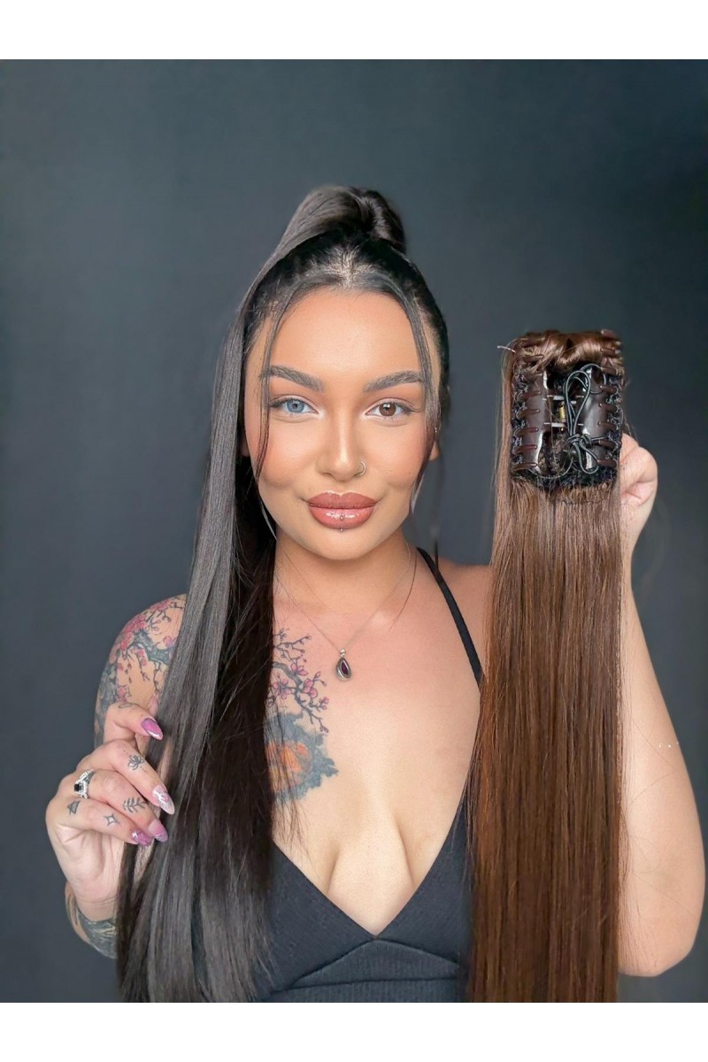 70cm Postiş Tokalı Düz At Kuyruğu - Kahve Karamel