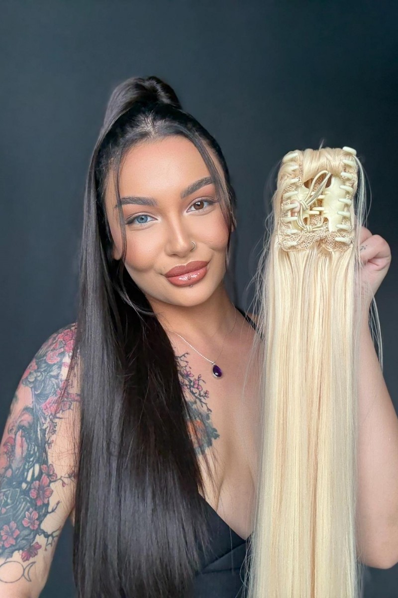 70cm Postiş Tokalı Düz At Kuyruğu - Platin