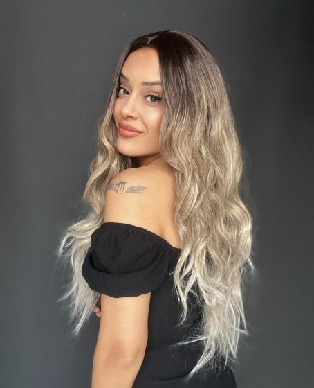 Kumral Beyaz Platin Ombre ve Röfleli Tül Peruk (Tepe kısmı mini baby tepe önler tül)