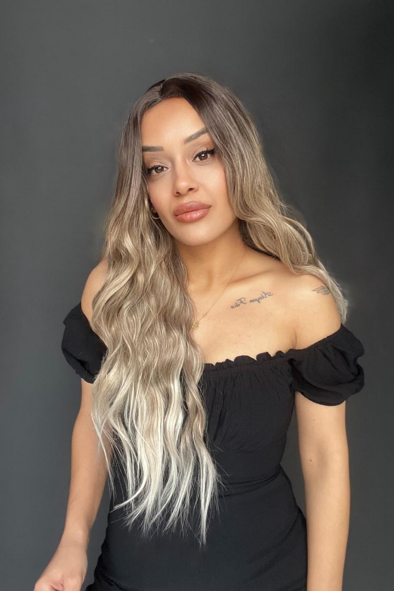 Kumral Beyaz Platin Ombre ve Röfleli Tül Peruk (Tepe kısmı mini baby tepe önler tül)