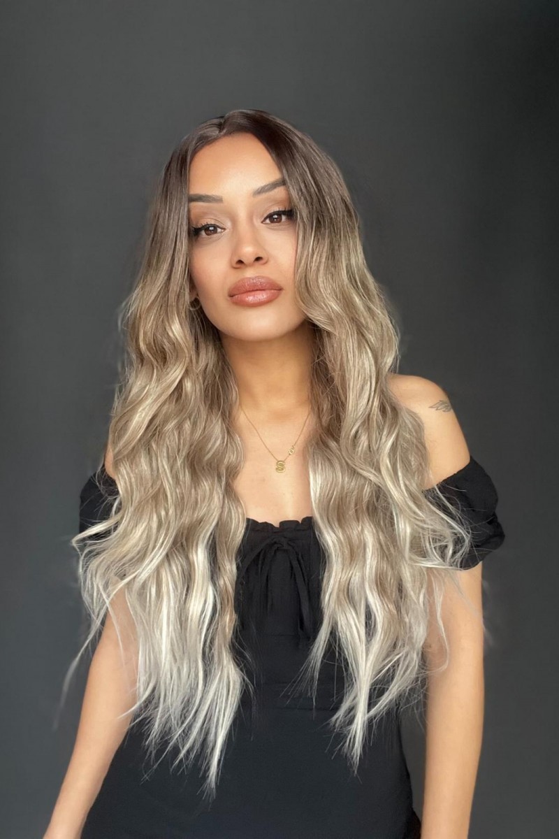 Kumral Beyaz Platin Ombre ve Röfleli Tül Peruk (Tepe kısmı mini baby tepe önler tül)