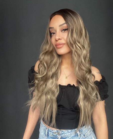 Kahverengi Kumral Ombreli Balköpüğü Işıltılı Tül Peruk (Tepe baby ön tül peruk)