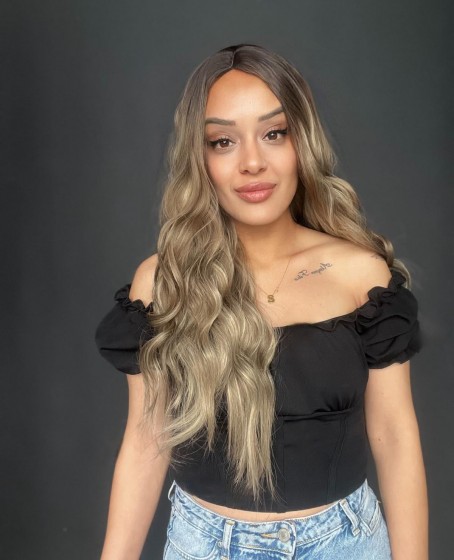 Kahverengi Kumral Ombreli Balköpüğü Işıltılı Tül Peruk (Tepe baby ön tül peruk)