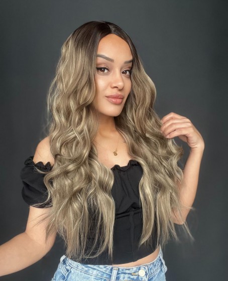 Kahverengi Kumral Ombreli Balköpüğü Işıltılı Tül Peruk (Tepe baby ön tül peruk)