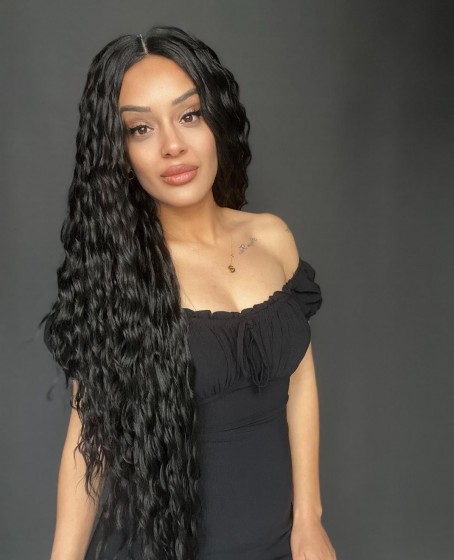 Ekstra Uzun Yoğun Afro Dalga Siyah Fiber Sentetik Geniş T Tül Peruk