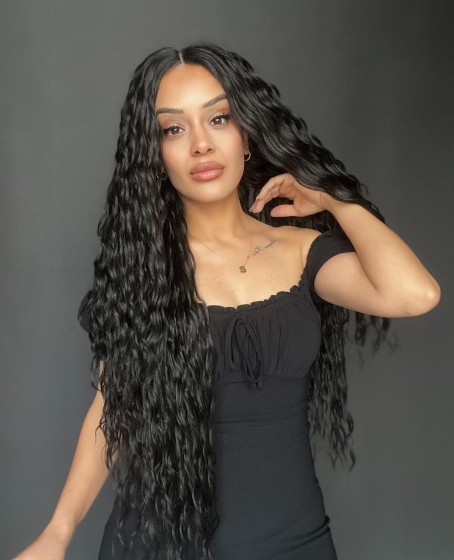 Ekstra Uzun Yoğun Afro Dalga Siyah Fiber Sentetik Geniş T Tül Peruk