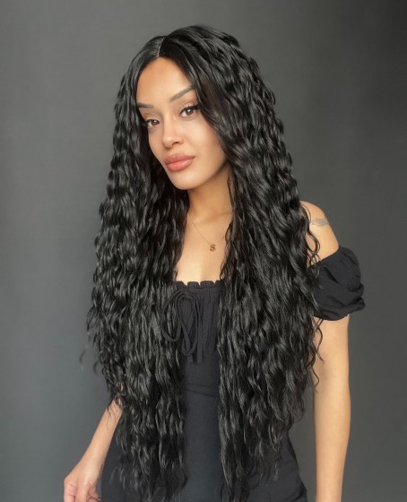 Ekstra Uzun Yoğun Afro Dalga Siyah Fiber Sentetik Geniş T Tül Peruk