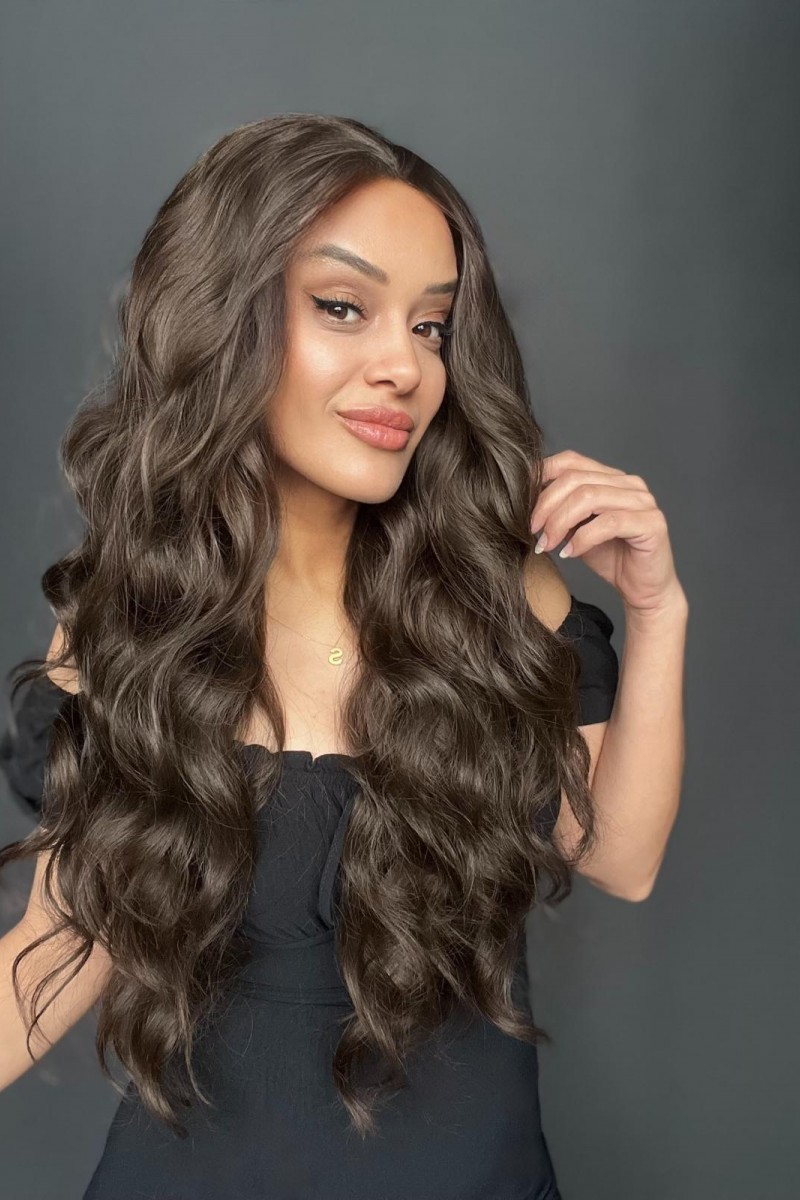 Koyu Kumral Dalgalı Fiber Sentetik Tül Peruk (Heryöne ayrım tam tül peruk)