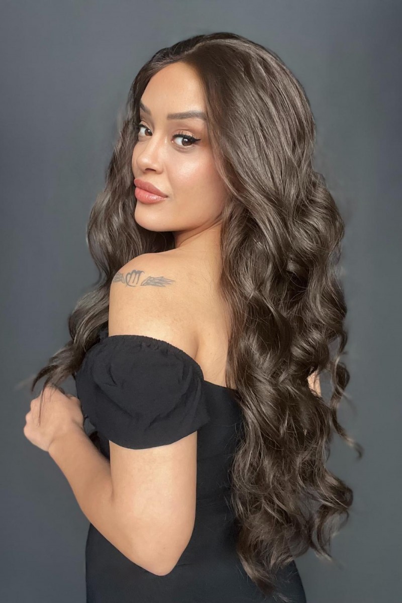 Koyu Kumral Dalgalı Fiber Sentetik Tül Peruk (Heryöne ayrım tam tül peruk)