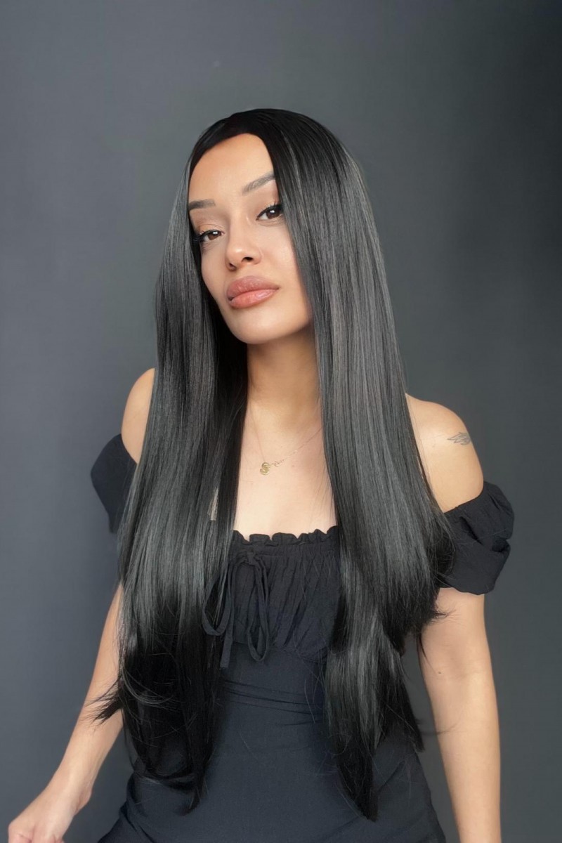 Siyah Düz Uzun Tepe Mini Baby peruk.Ön Tül Peruk