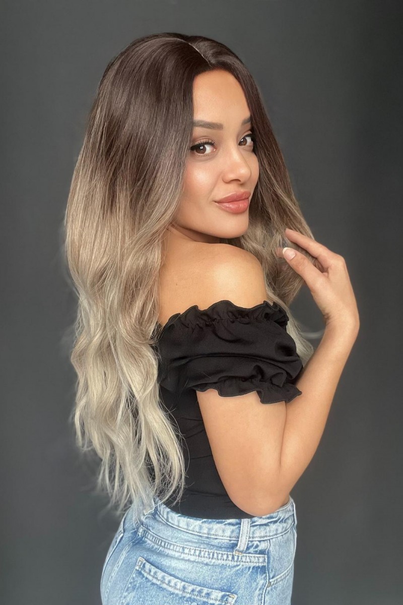 Rus Kumralı Beyaz Platin Ombre ve Röfleli Tül Peruk (Tepe mini baby ön tül peruk )