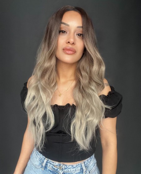 Rus Kumralı Beyaz Platin Ombre ve Röfleli Tül Peruk (Tepe mini baby ön tül peruk )