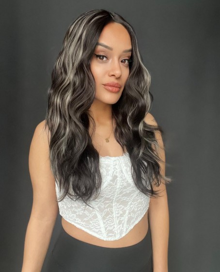 Koyu Kumral Platin Işıltılı Hafif Dalgalı Tül Peruk (T TÜL PERUK)