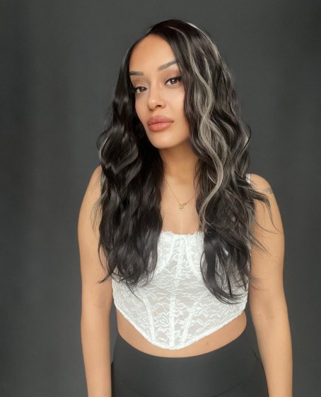 Koyu Kumral Platin Işıltılı Hafif Dalgalı Tül Peruk (T TÜL PERUK)