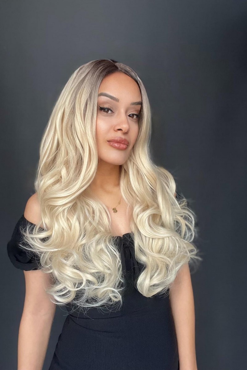 Açık Kumral Platin Ombreli Dalgalı Tül Peruk (Mini Baby tepe ön tül peruk)