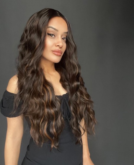 Kahverengi Karamel Işıltılı Su Dalgalı Fiber Sentetik Tül Peruk (Tepe mini baby ön tül peruk)