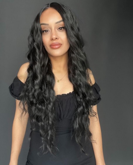 Uzun Siyah Su Dalgalı Tül Peruk (mini baby tepe ön tül peruk)