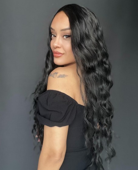 Uzun Siyah Su Dalgalı Tül Peruk (mini baby tepe ön tül peruk)