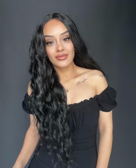 Uzun Siyah Su Dalgalı Tül Peruk (mini baby tepe ön tül peruk)