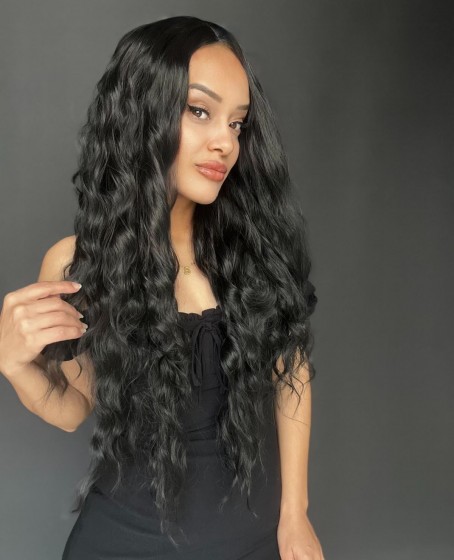 Uzun Siyah Su Dalgalı Tül Peruk (mini baby tepe ön tül peruk)