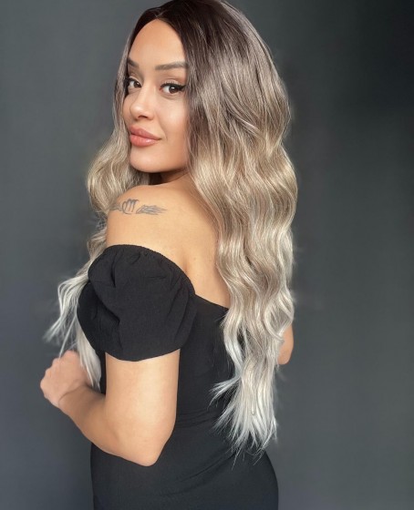 Kumral Platin Ombre Balköpüğü Röfleli Tül Peruk (Tepe Mini Baby taban ön tül peruk)