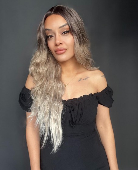 Kumral Platin Ombre Balköpüğü Röfleli Tül Peruk (Tepe Mini Baby taban ön tül peruk)
