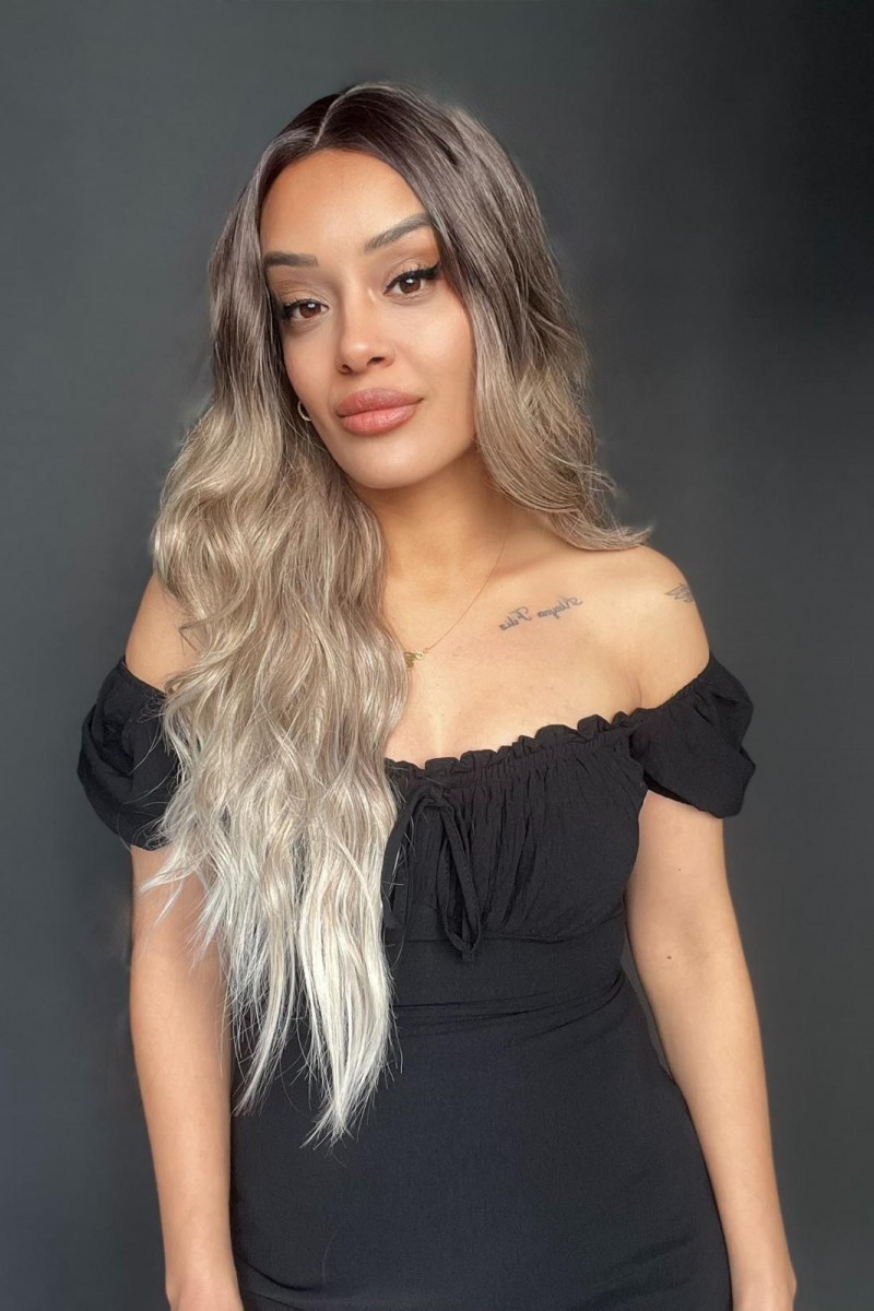 Kumral Platin Ombre Balköpüğü Röfleli Tül Peruk (Tepe Mini Baby taban ön tül peruk)