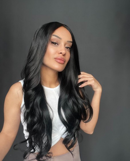 Siyah Uzun Hafif Dalgalı Fiber Sentetik Tül Peruk Tam tül her yöne ayrımlı