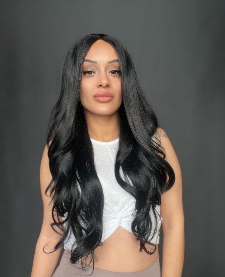 Siyah Uzun Hafif Dalgalı Fiber Sentetik Tül Peruk Tam tül her yöne ayrımlı