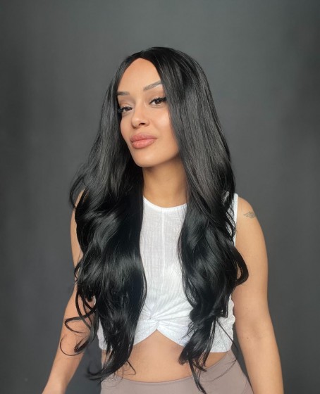 Siyah Uzun Hafif Dalgalı Fiber Sentetik Tül Peruk Tam tül her yöne ayrımlı