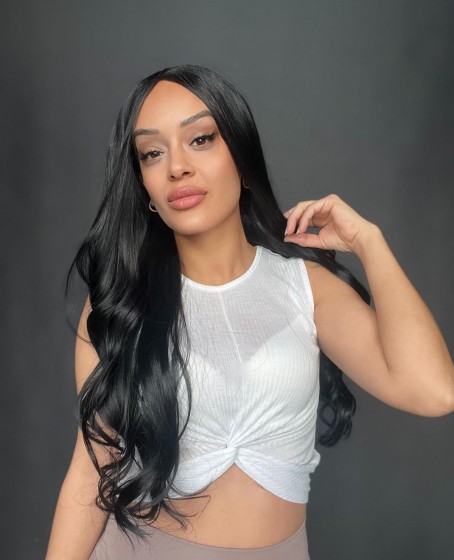 Siyah Uzun Hafif Dalgalı Fiber Sentetik Tül Peruk Tam tül her yöne ayrımlı